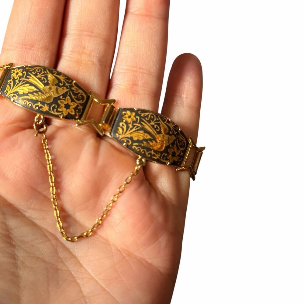 Vintage Damascene Bird Panel Bracelet Gold Tone Black Floral Safety Chain Signed - Picture 2 of 6